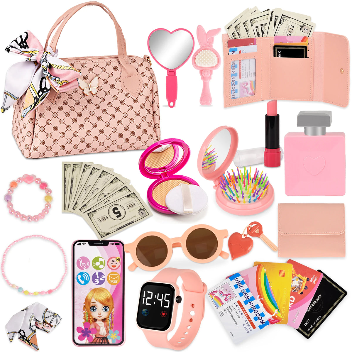 Princess Playset for Girls: Stylish Makeup Kit with Handbag, Phone, Wallet & Fake Cosmetics – Perfect Gift for Kids Aged 3+